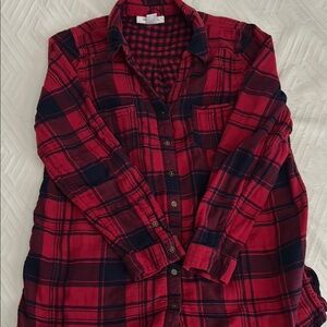 Maternity Red and Blue Plaid Button-Up Shirt